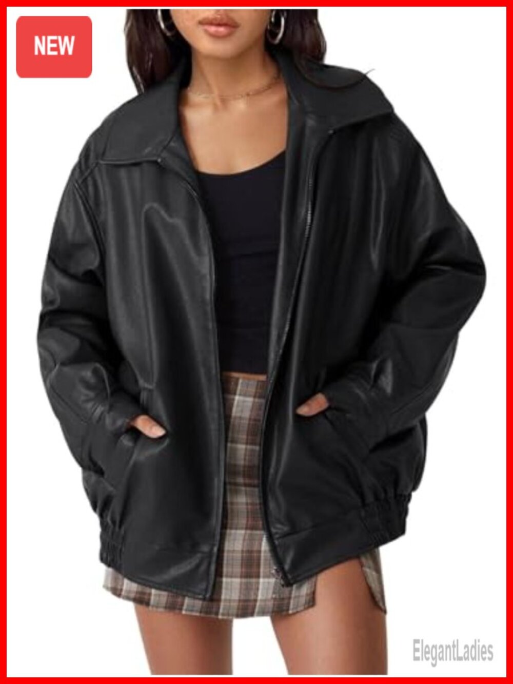Oversized Faux Leather Bomber Jacket Zip Up Moto Coat